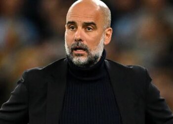 Manchester City manager Pep Guardiola reacts as England searches for Gareth Southgate’s successor