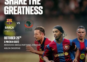 Okocha, Kanu, Adebayor join forces for Africa Legends showdown with Ronaldinho’s Barcelona in Abuja