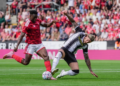 Super Eagles striker Taiwo Awoniyi reacts after scoring in Nottm Forest’s pre-season win over Blackburn