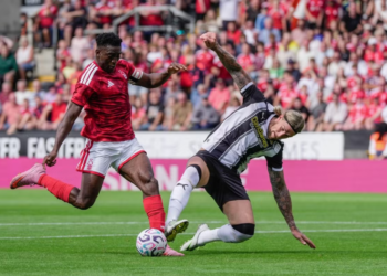 Super Eagles striker Taiwo Awoniyi reacts after scoring in Nottm Forest’s pre-season win over Blackburn
