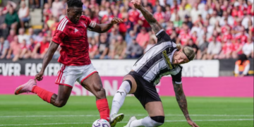 Super Eagles striker Taiwo Awoniyi reacts after scoring in Nottm Forest’s pre-season win over Blackburn