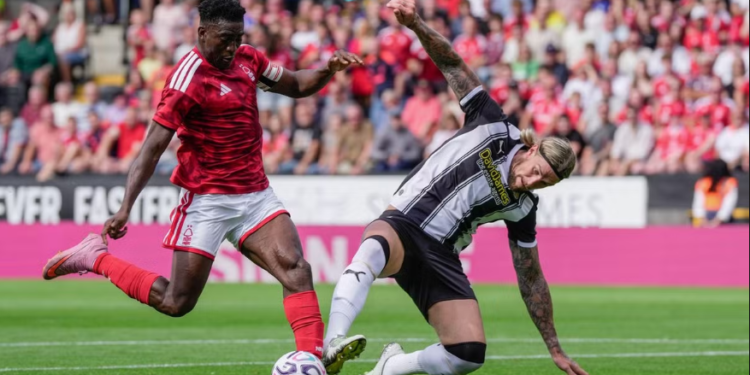 Super Eagles striker Taiwo Awoniyi reacts after scoring in Nottm Forest’s pre-season win over Blackburn