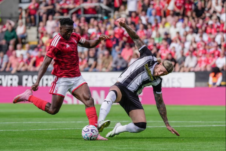 Super Eagles striker Taiwo Awoniyi reacts after scoring in Nottm Forest’s pre-season win over Blackburn